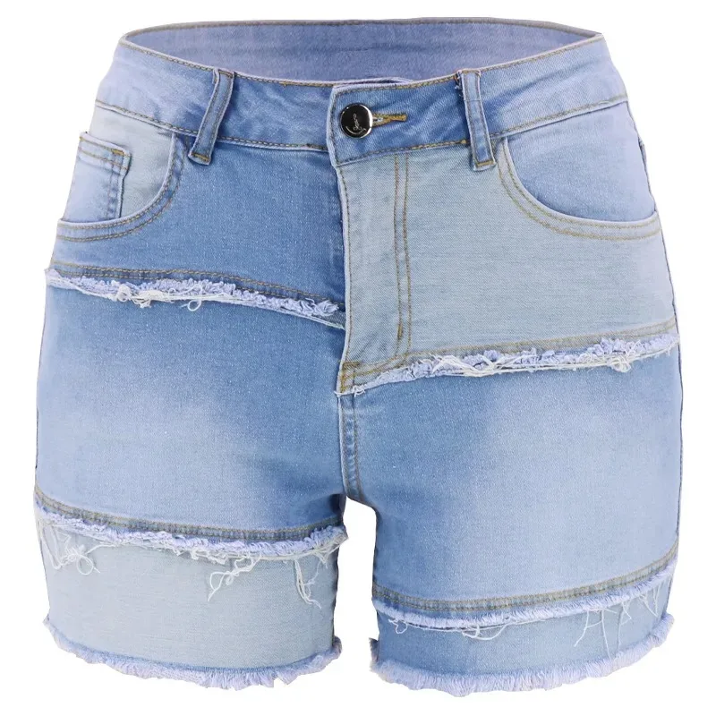 Shorts de Mezclilla Lavada de Moda Urbana Europea y Americana. Jeans Cortos de Cintura Alta con Costuras Blancas Estilo Casual de Primavera para Mujer