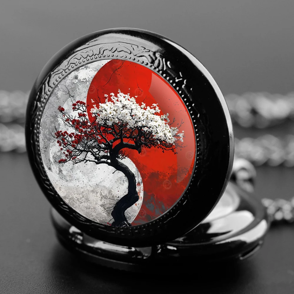 Yin-Yang Tree Design Zwart Quartz Zakhorloge Cadeauset Met Duurzame Ketting En Arabisch Cijfer Gezicht Tijdloos Cadeau Voor Jongen