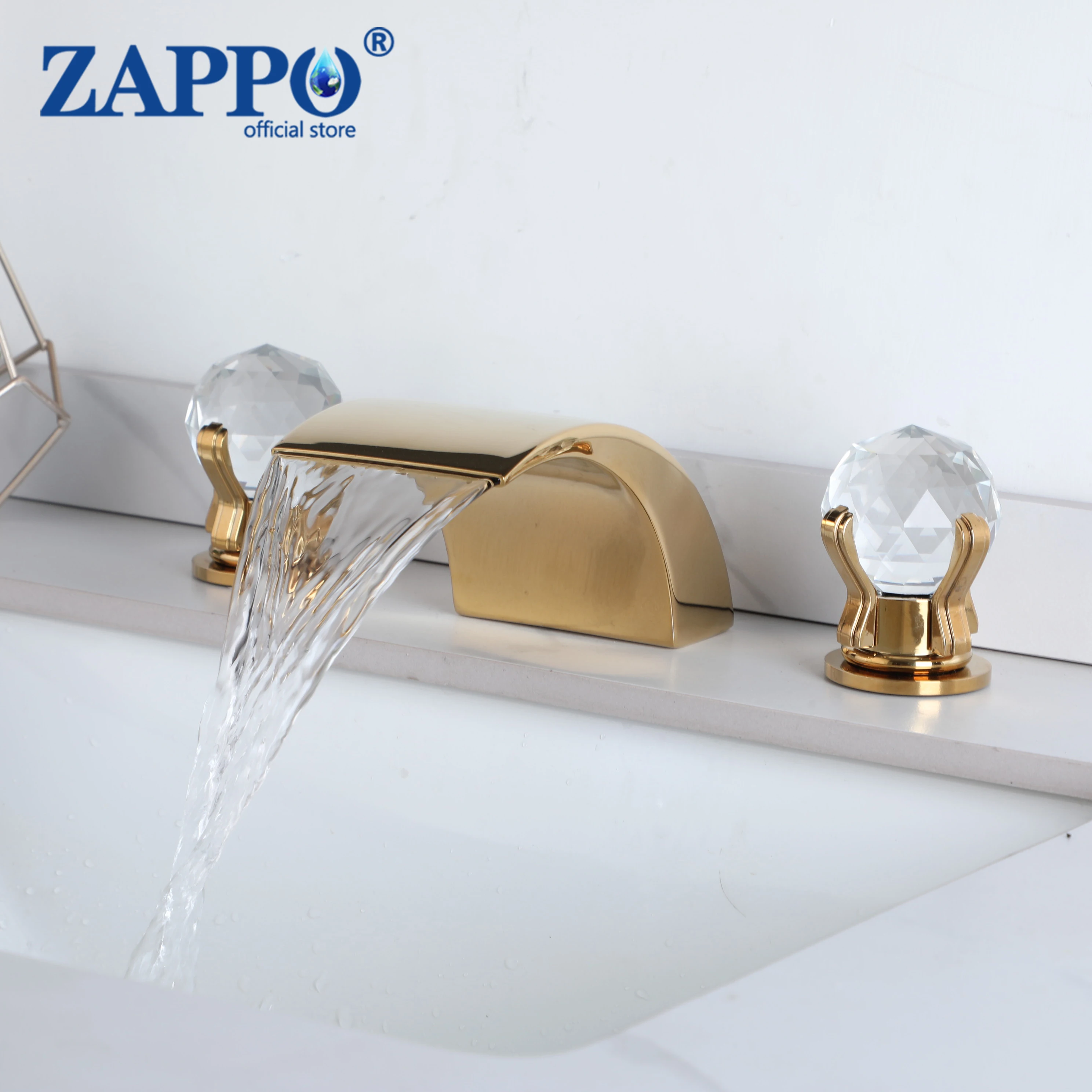 ZAPPO Waterfall Bathroom Sink Faucet Set with Two Crystal Knob Handle  Vanity Bathtub Mixer Tap Deck Mounted Widespread Roman