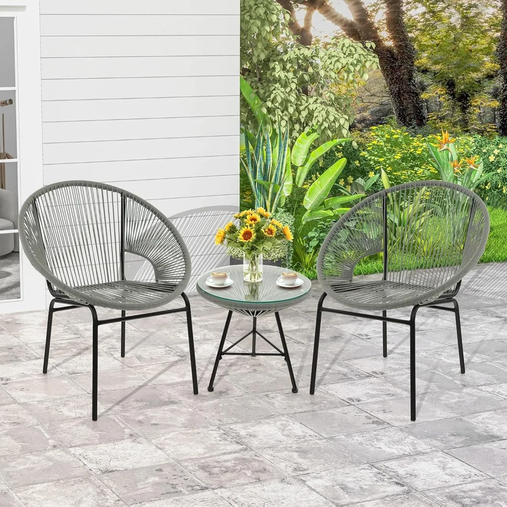 3-Piece Outdoor Patio Furniture Set with Acapulco Style Chairs, Plastic Rope, and Tempered Glass Table for All-Weather Bistro Us