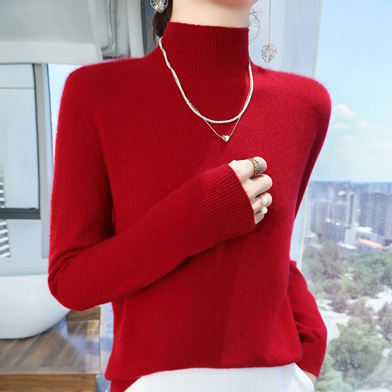 

Women's 100% Pure Cashmere Sweater Autumn/Winter Casual Solid Knitted Half High Collar Hoodie Loose Jumper Base Layer Top