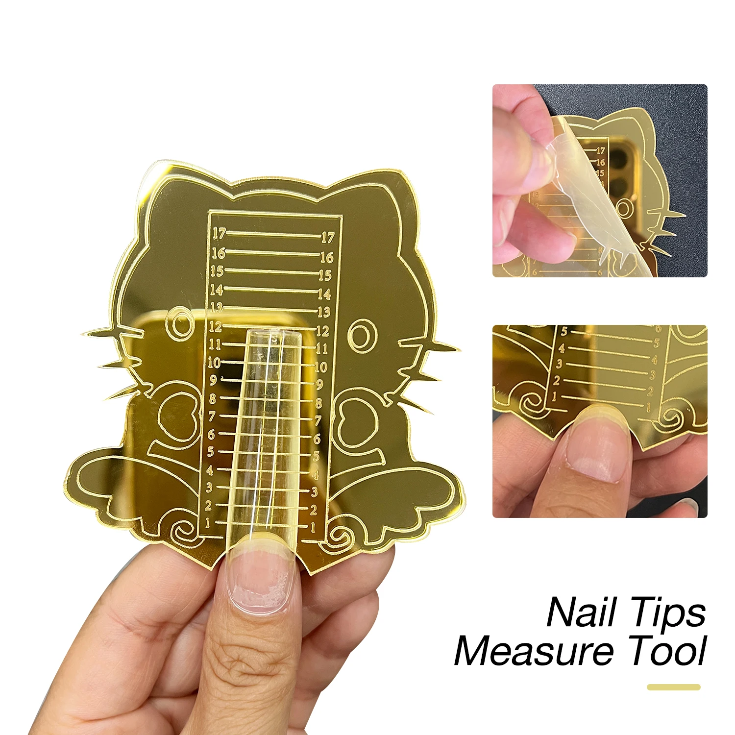 1pcs Nail Tips Ruler for Triming The Same Length Gold Acrylic Mirror Cute Cat Nail Length Measure Tool for Salon Home Nail Art