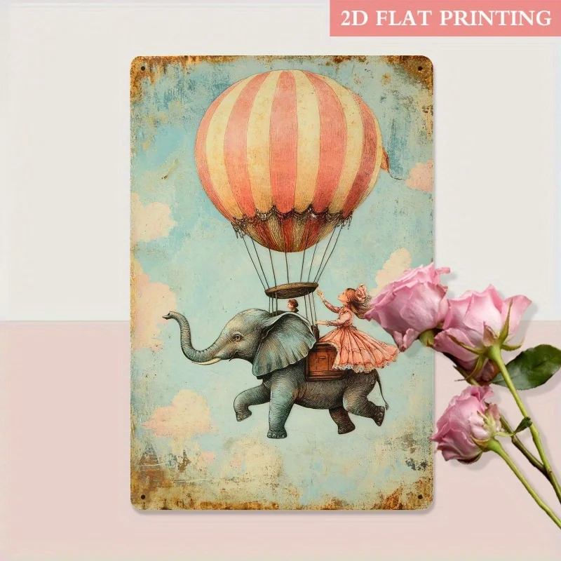 Creative Elephant Hot Air Balloon Metal Wall Art_-_ 8x12inch Iron Vintage Pastel Decoration, Bohemian Bedroom Sign or Unique Decor