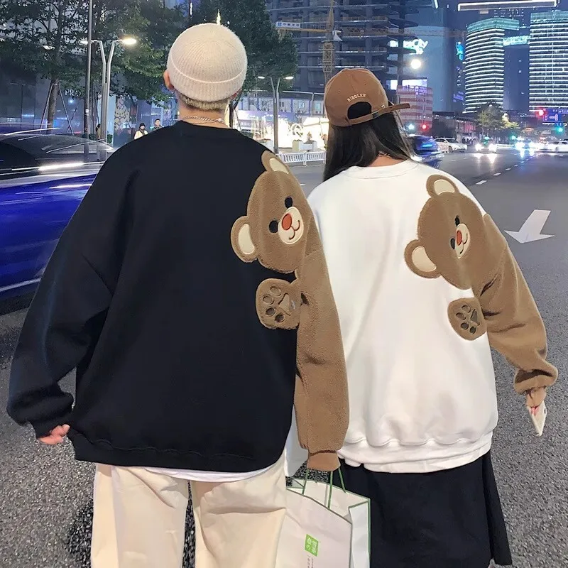2025 Spring Harajuku Men Round Neck Sweatshirt Flocking Cartoon Bear Fleece Long Sleeves Hoodies Unisex Couple Matching Outwear