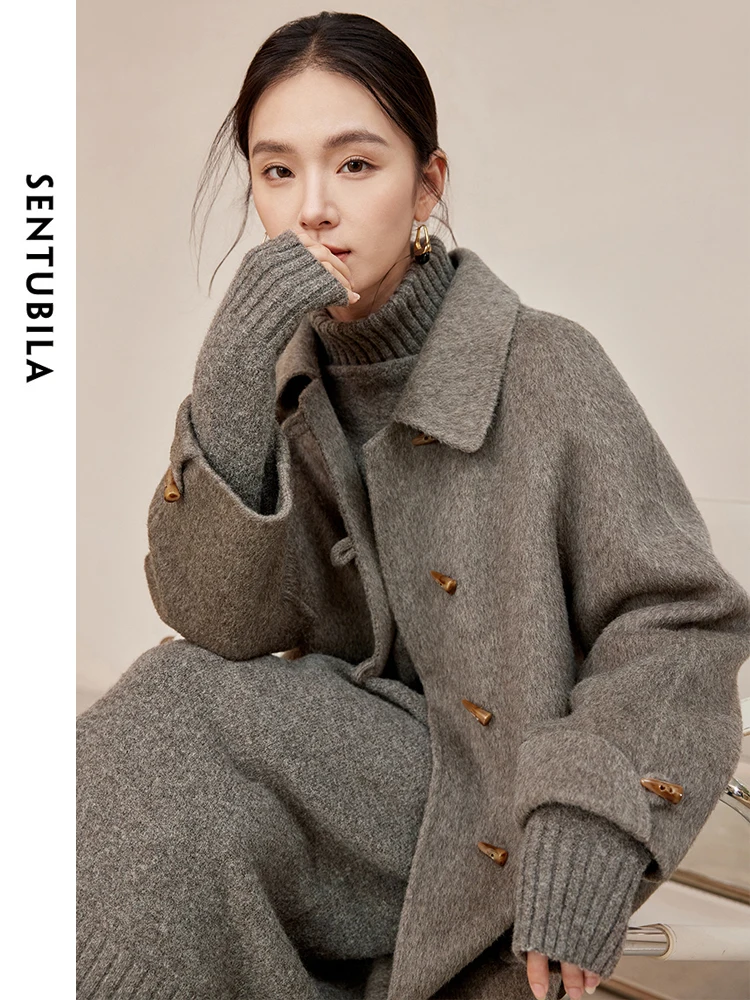 SENTUBILA Women's Tweed Jackets 100% Wool 2025 Winter Elegant Long Coats Bull Horn Buckle Big Pockets Woman Overcoat W44O55978