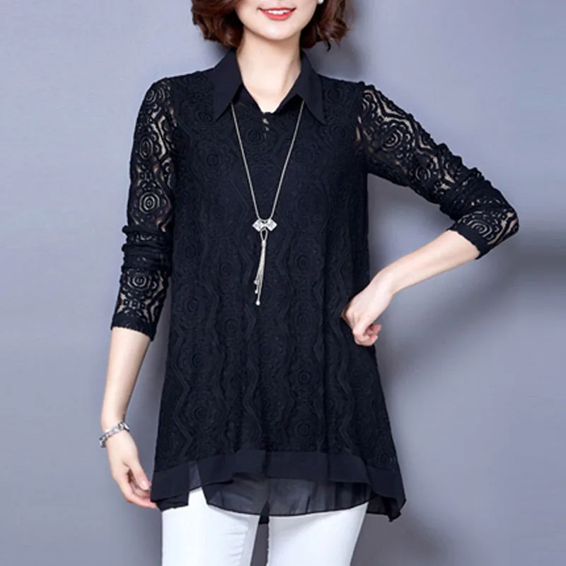 Elegant Women\'s Turn-down Collar Fashion Fake Two Pieces Chiffon Shirt Hollow Out Lace Long Sleeve Casual Blouse Female Clothing