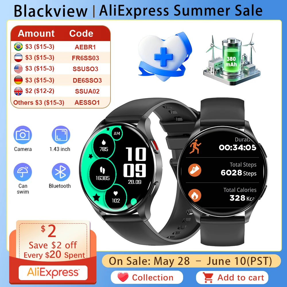 Blackview X20 Smart Watch 1.43" HD AMOLED Screen Bluetooth Heart Rate Blood Oxygen Waterproof Fitness Tracker Gift for Men Women