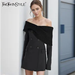 TWOTWINSTYLE Patchwork Button Chic Coat For Women Slash Neck Long Sleeve Off Shoulde Spliced Knitwear Jacket Female Fashion New