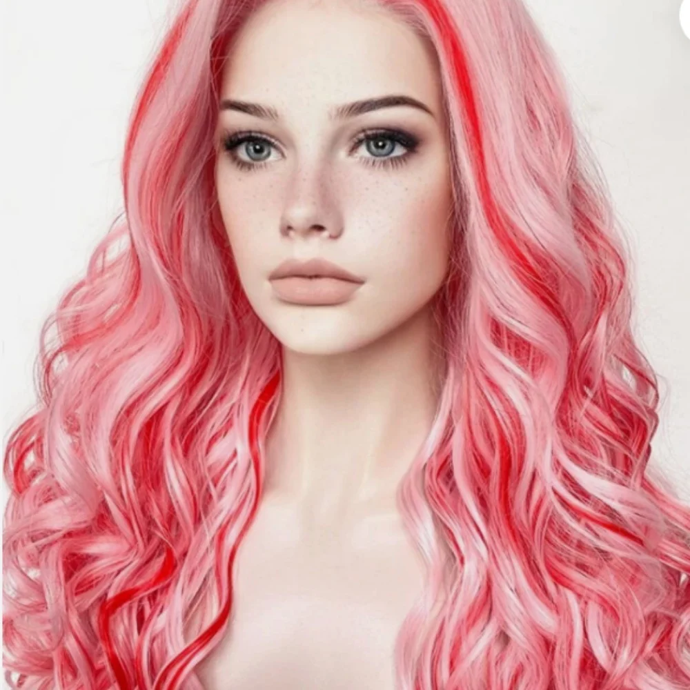 خلط الشعر المجعد الوردي مع شعر طويل مموج ودانتيل صناعي لسلامة التسخين الصناعي-