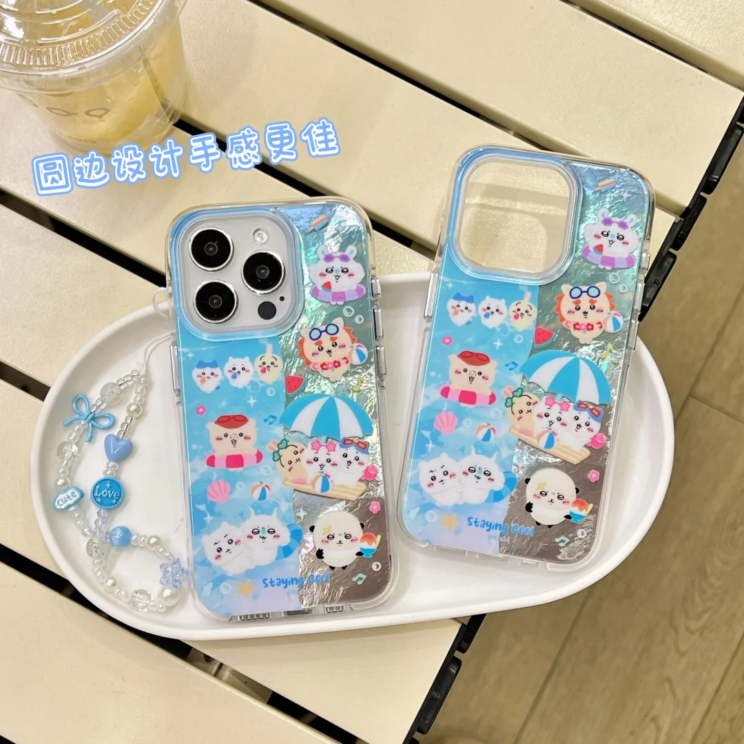 

Japanese Anime C-Chiikawa Cute Happy Summer kawaii Phone Case For iPhone 16 15 14 13 Pro Max Feather texture Cover﻿﻿