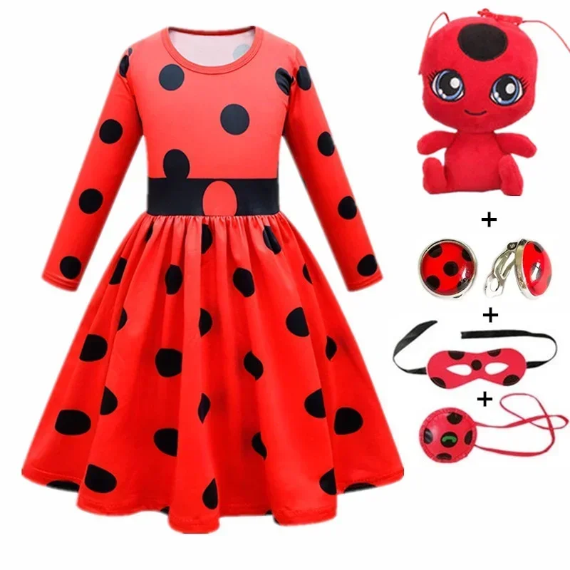 New Christmas Reddy Girl Little Beetle Cosplay Costume Mask Wig with Earrings Kids Halloween Fancy Costume Children Party Dress image 3