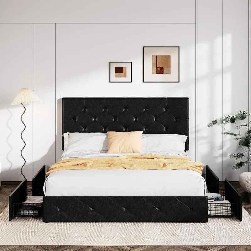 Upholstered Platform Bed Frame with 4 Storage Drawers and Headboard, Diamond Stitched Button Tufted Black Modern Bed