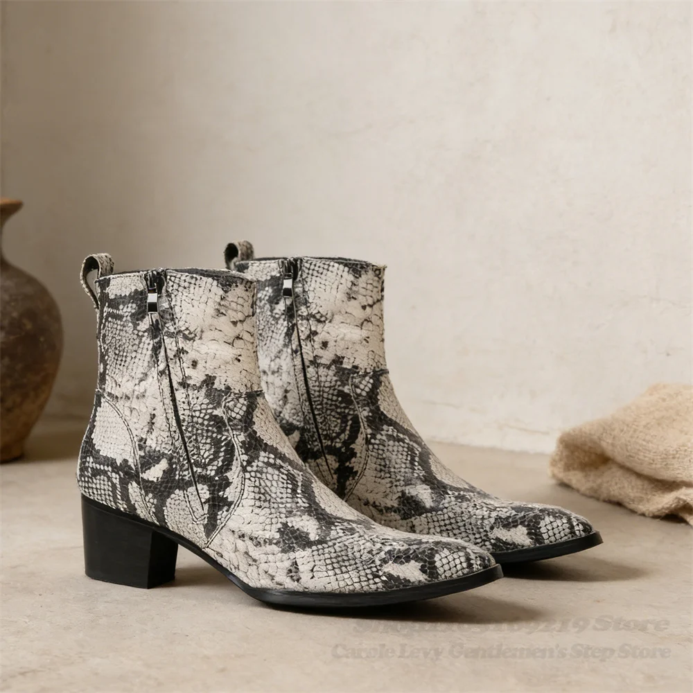 7cm High-Heeled Pointed Toe Men Short Boot Snake Pattern Trendy Chunky Heel Side Zipper Handmade New Chelsea Booties