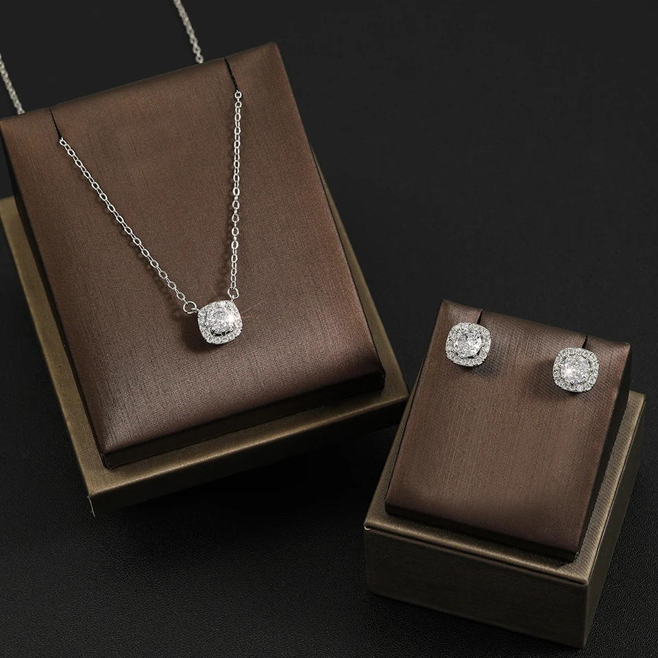 ZAKOL Fashion Yellow White Cubic Zirconia Square Stud Earrings Necklace Set for Women Shinny Round Crystal Wedding Jewelry SP314