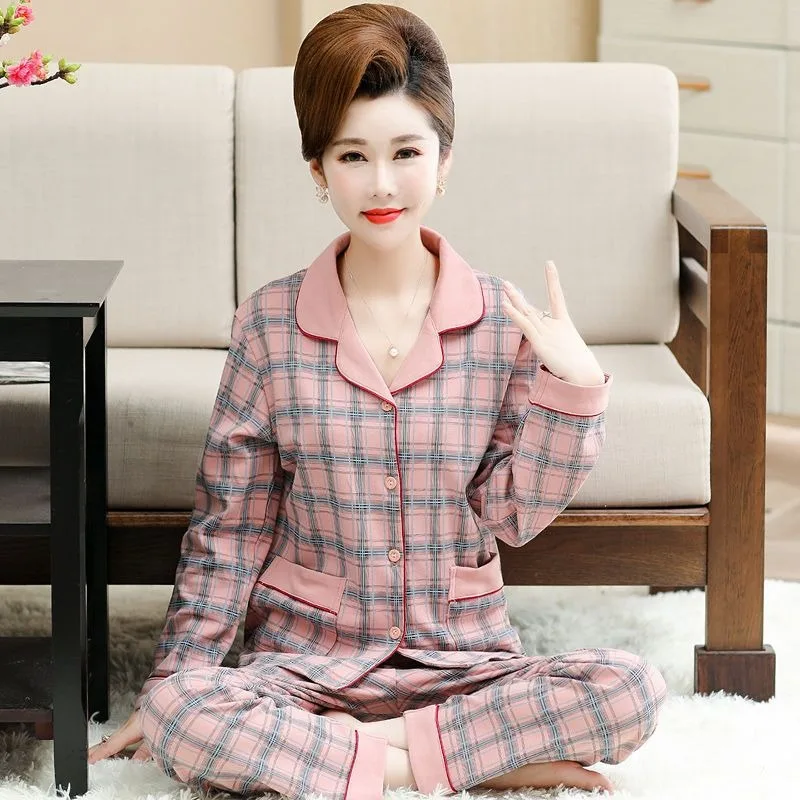 

Latest Middle Age Elderly Pure Cotton Pajamas Women Spring Pyjamas Long Sleeve Large Size Sleepwear Set Loose Casual Nightdress