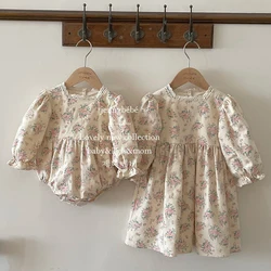 Autumn Spring Baby Girl Party Dress Long Sleeved Cotton Floral Printing Sister Dress Kids Princess Dresses Baby Girl Romper