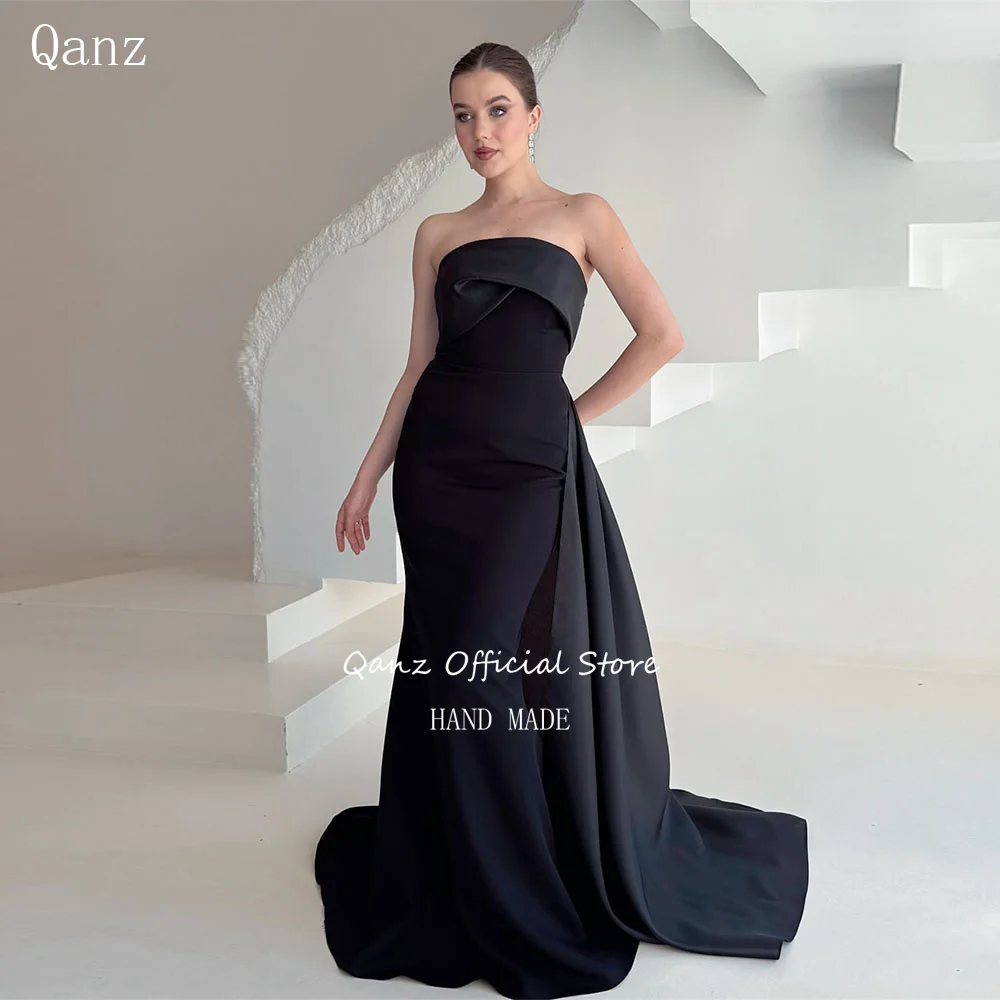 

Qanz Arab Saudi Vintage Evening Dress Mermaid Black Satin Robe Soirée Femme Backless Long Train Formal Dresses Woman Customized