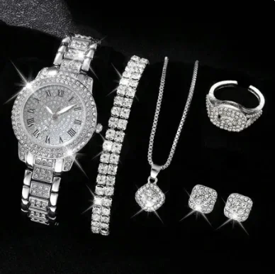 6pcs/set Women\'s Watch Luxury Rhinestone Quartz Watch Hiphop Fashion Analog Wrist Watch & Jewelry Set, Gift For Mom Her