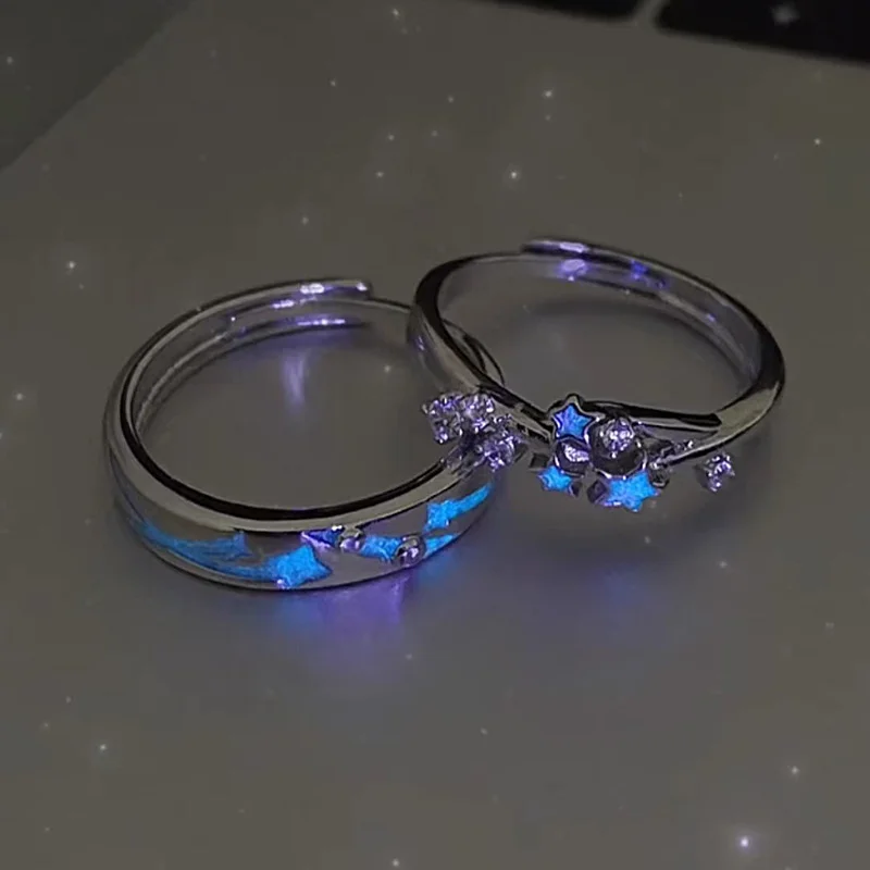 Luminous Blue Green Light Star Ring Glow In Dark Fluorescent Heart Ring Women Men Couple Finger Rings Jewelry Adjustable