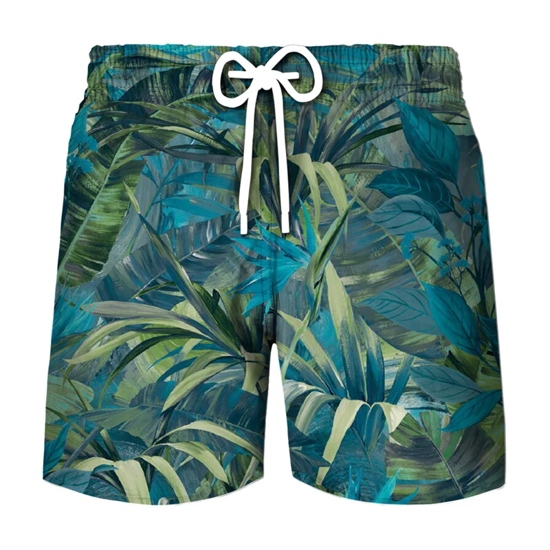 

Пляжные шорты с 3D-принтом «Листовой камуфляж» и растительным узором в гавайском стиле, летние шорты для серфинга, прохладные шорты для отпуска, плавательные шорты