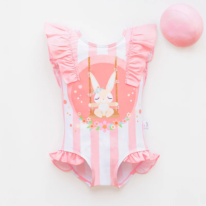 Girl Children Pink One Piece Cute Set Beachwear Rabbit Cartoon Pattern Swimwear Kids Bathing Cap Long-Sleeved Conjoined Swimsuit