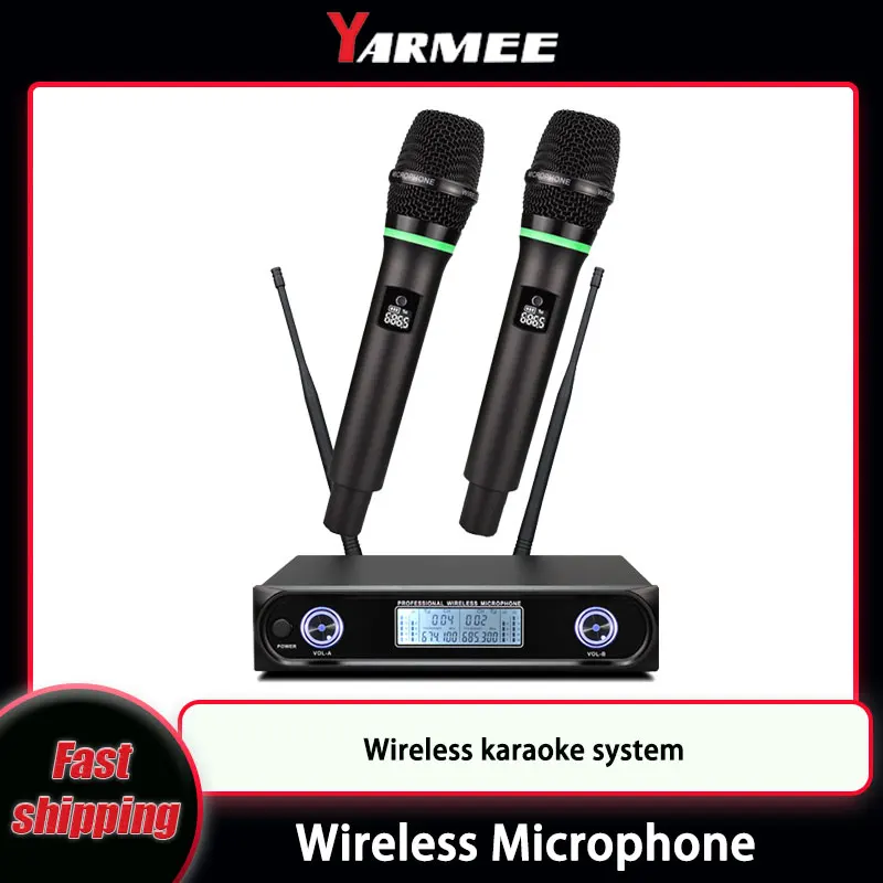 YARMEE Wireless Microphone system Dual Channel UHF Fixed Frequency Cordless Handheld Dynamic Mic For Karaoke Party Church