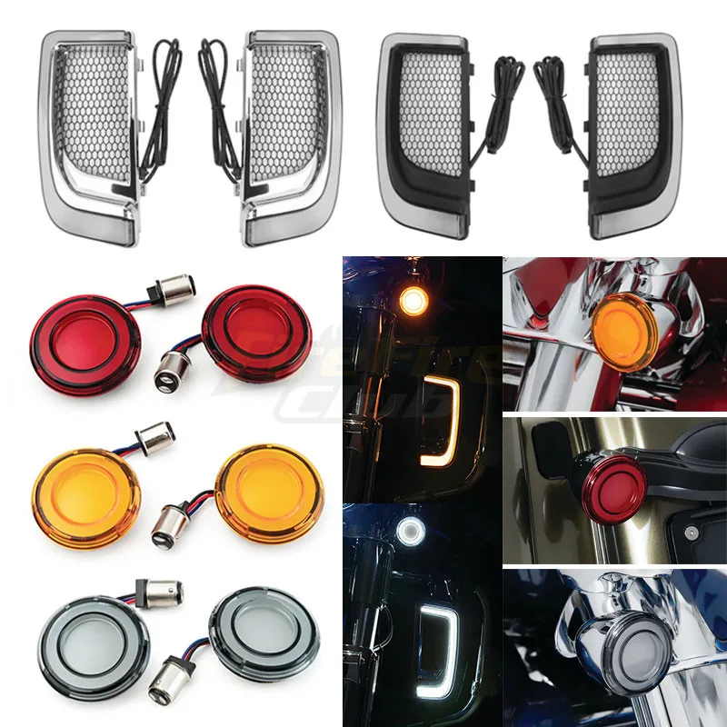 

Motorcycle LED Fairing Lower Grills Light+Front Conversions Bullet Style For Harley Touring Street Road Electra Glide 2014-2021