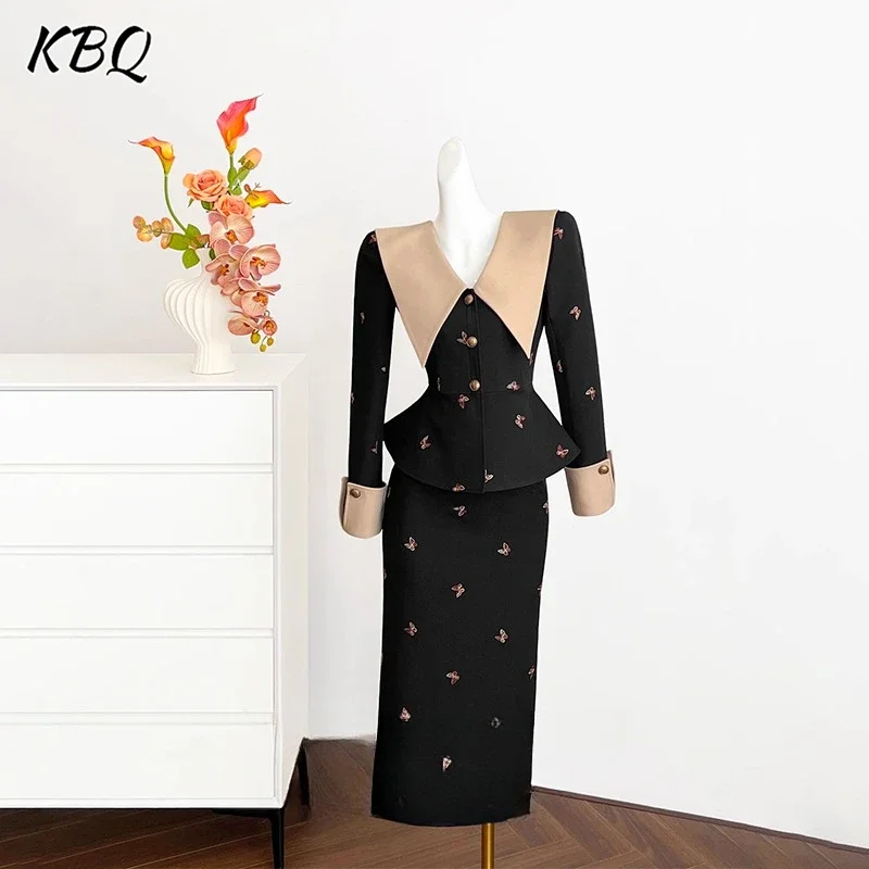 

KBQ Vintage Hit Color Slimming Dresses For Women V Neck Long Sleeve Tunic Bowknot Embroidery Temperament Evening Dress Female