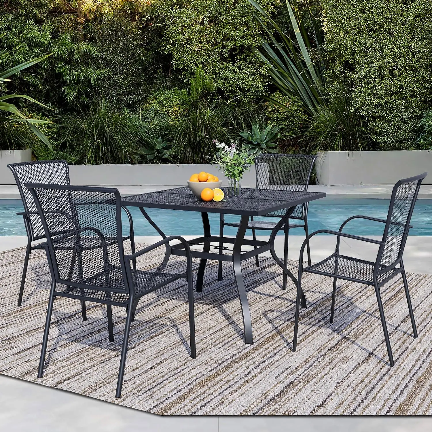 5 Piece Outdoor Dining Set Patio Table & 4 Metal Stackable Chairs 37.5