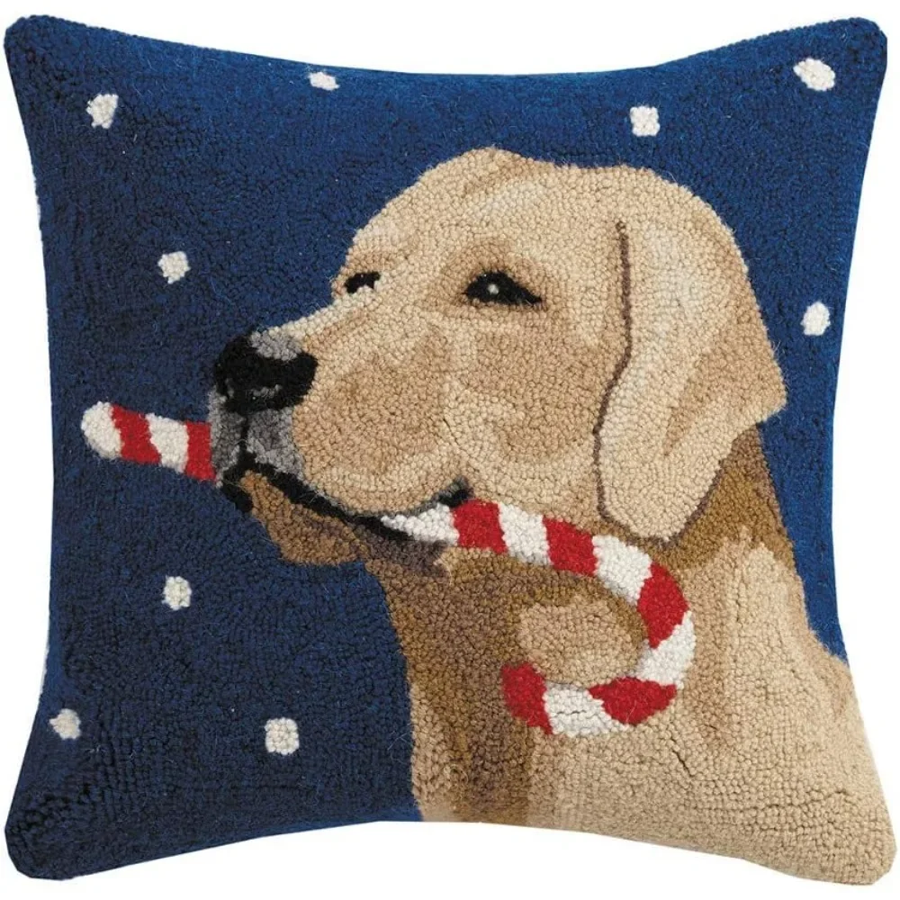 

Yellow Labrador Retriever Christmas Candy Cane Dog Throw Pillow - 18x18 Inch Wool Hooked Design