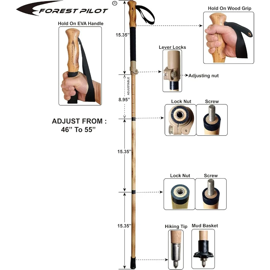 トレッキングポール - 1本入りパック - 調節可能なハイキングまたはウォーキングスティック、丈夫な天然ブナ材 - クイックアジャストフリップロック - ブナ材