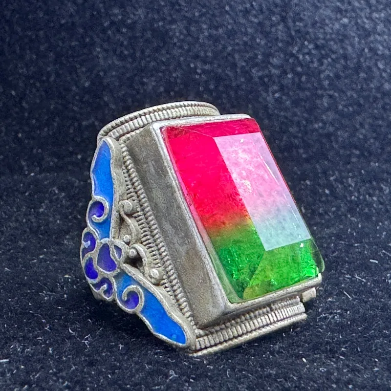 2026 Unisex Retro Square Cloisonne Ring, Dual‑Color Simulated Tourmaline Inlaid, Colorful Statement Finger Jewelry, Ideal Gift