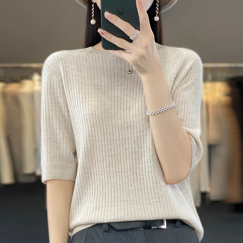 Women's Summer Short Sleeve Fine Imitation Seamless Wool Knit Slim Fit Pullover Half Sleeve Thin Sweater Tank Tops T-shirt Basic