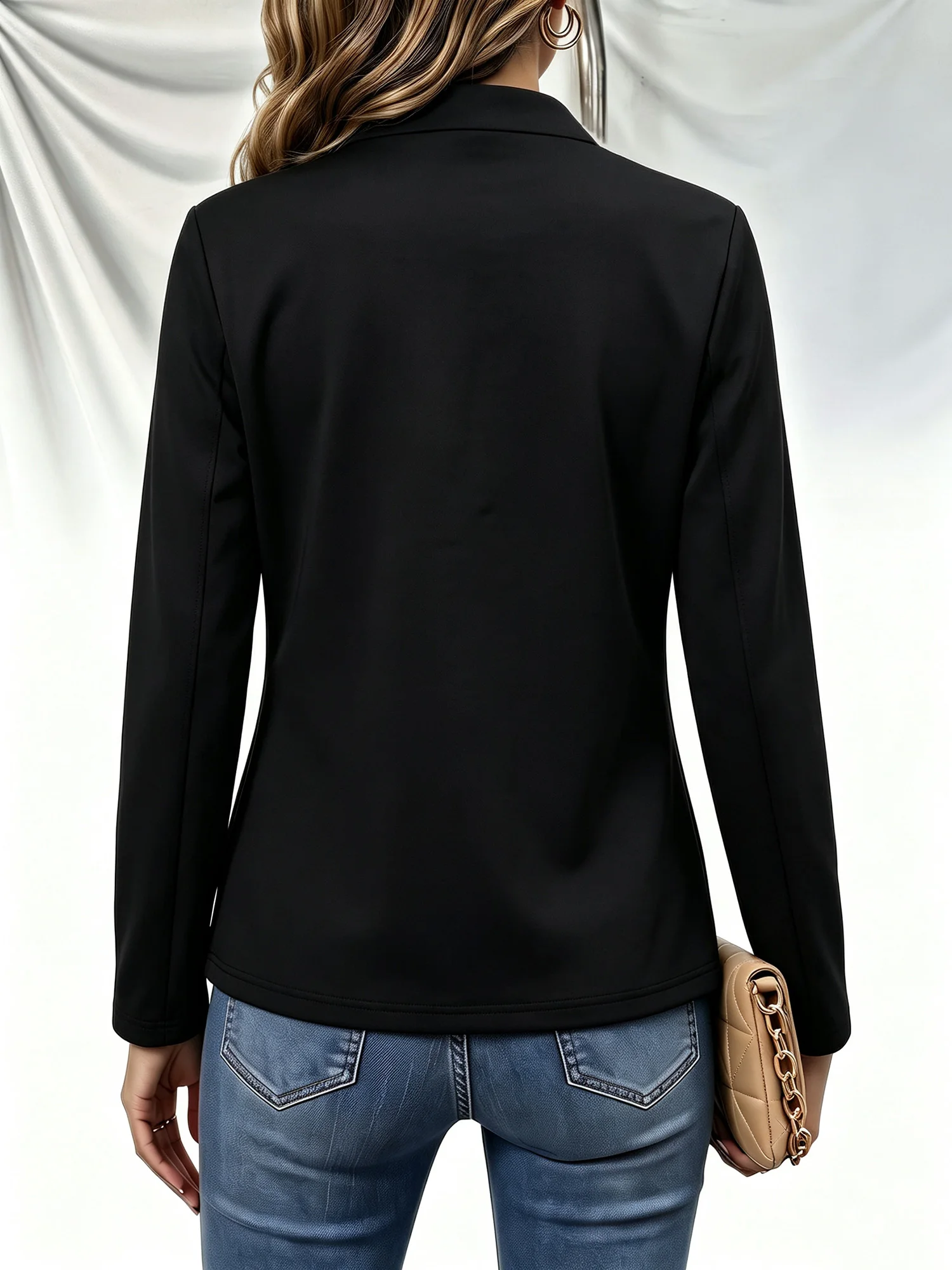 Women Stand Collar Open Front Blazer Long Sleeve Solid Black Slim Fit Jacket Office Commuter Outerwear