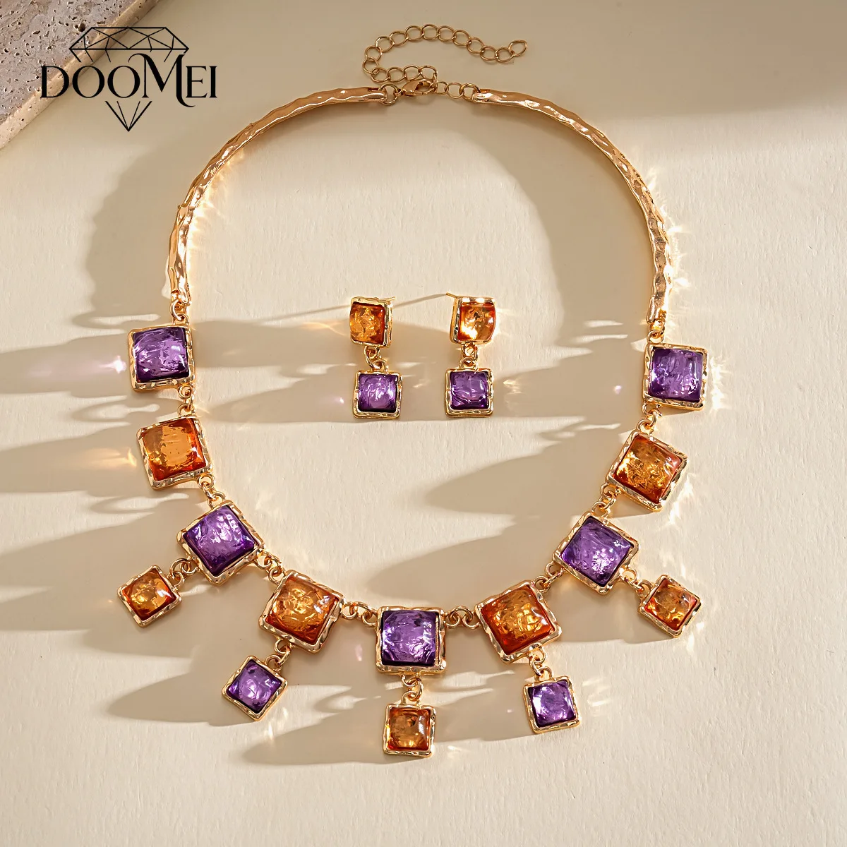 DOO MEI Vintage Square Resin Gem Jewelry Set for Women Colorful Purple Orange Earrings Evening Wedding Banquet Statement Jewelry
