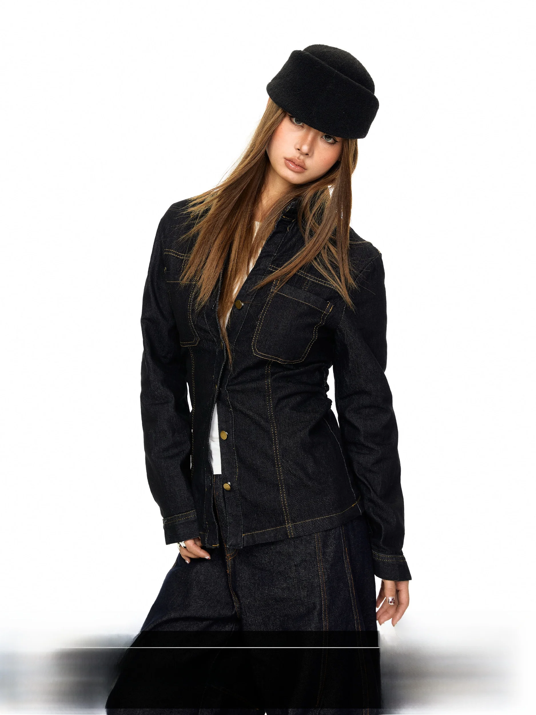 

Blackbb Women's Slim Fit Long Sleeve V-Neck Denim Shirt Early Spring New Style Sexy Girl Style Folded Waist Design Casual Shirt