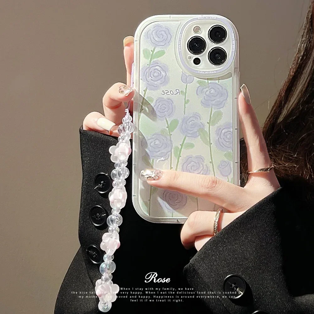 Romantic Purple Rose Phone Case with Lanyard for iPhone16 15 14 12 13 11 Pro ProMax Plus X XR Xsmax Shockproof Soft Phone Cover