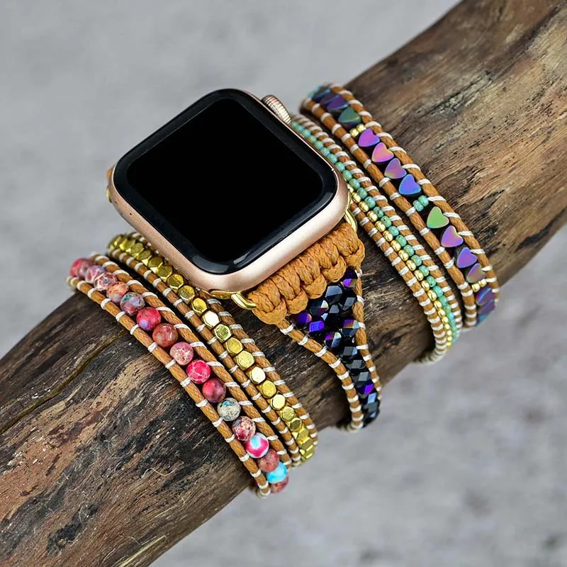 Bohemia Jewelry band for Apple Watch series 8 9 7 41 45mm 42 mm 44 Handmade Vintage Natural beads braided Bracelet iwatch 6 se 5