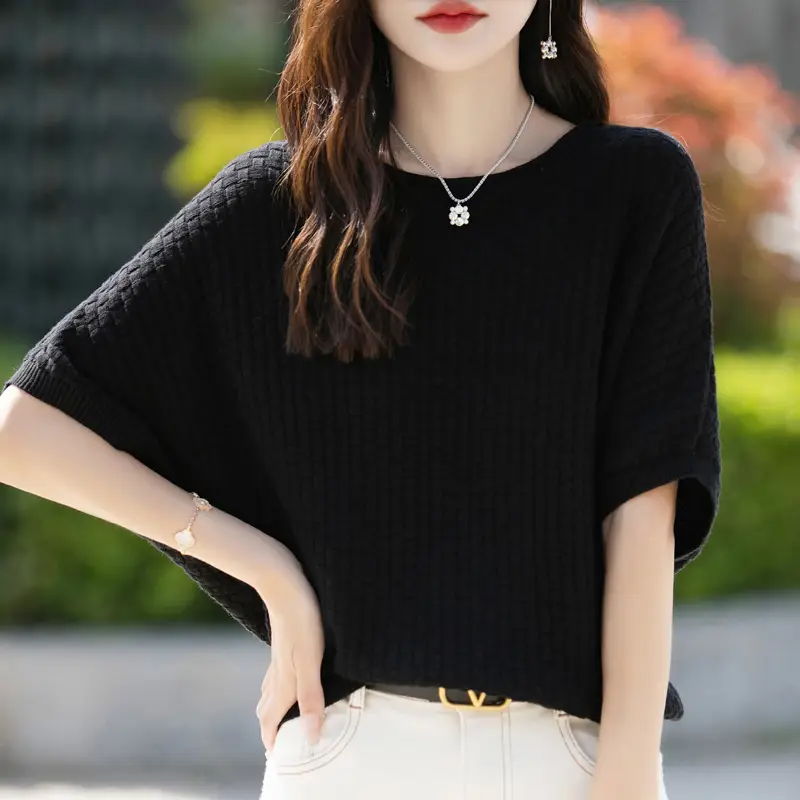 Classic Short Sleeve Pullover Women's knitting 100% Pure Cotton Sweater O-Neck Solid Knitted seat style High Quality Loose tops - Image 6