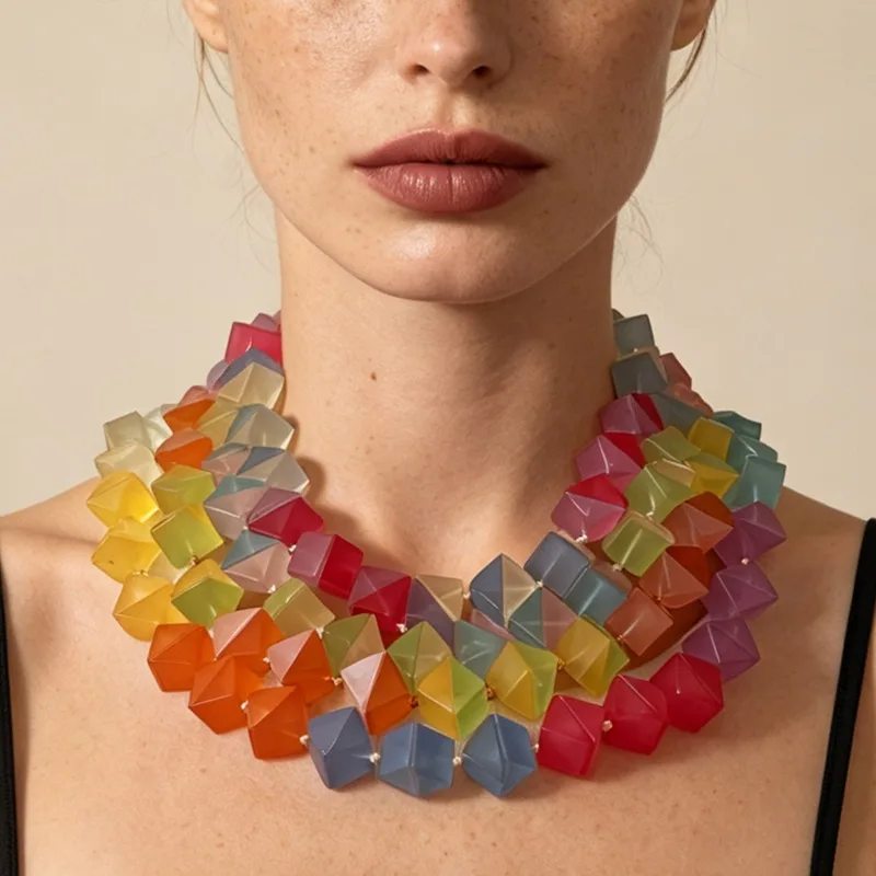 Multicolor Matte Square Resin Beaded Necklace Rainbow Color Block Chunky Choker Women Holiday Vacation Statement Neck Jewelry