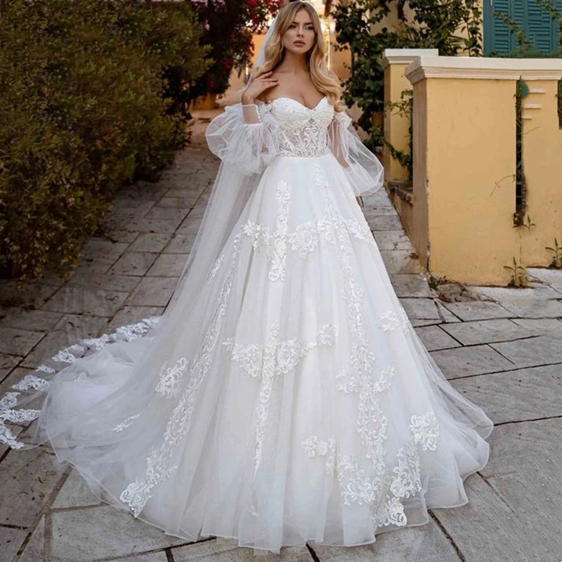 Dream A-Line Tulle Applique para senhoras, vestido de noiva personalizado, manga inchada, querida princesa, casamento romântico, quarto na frente