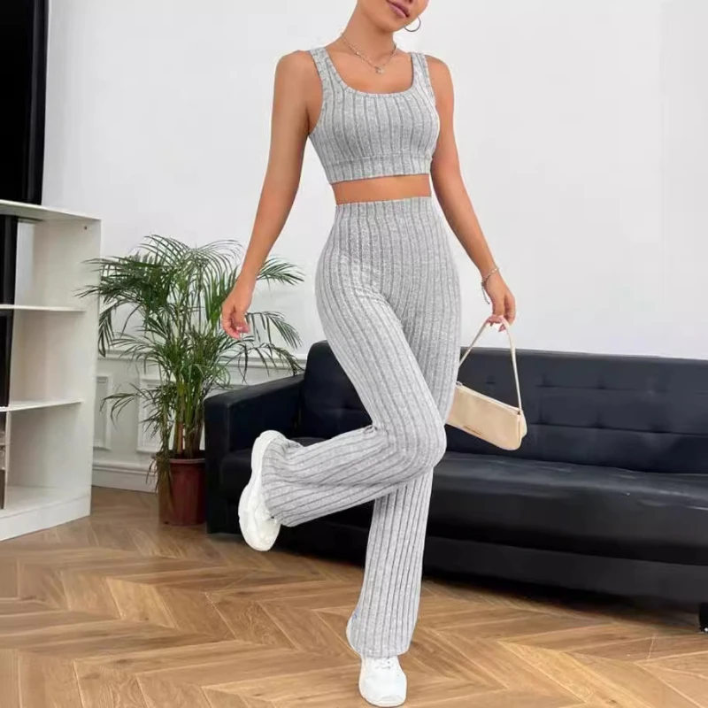 New Fashion Casual Tank Top Knitted Pit Strip Tight Solid Color Wide Leg Pants Set