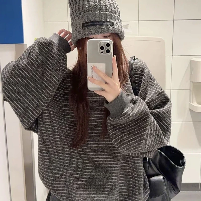 

Женская флисовая толстовка с круглым вырезом и принтом в полоску, универсальный повседневный пуловер, осенне-зимние топы