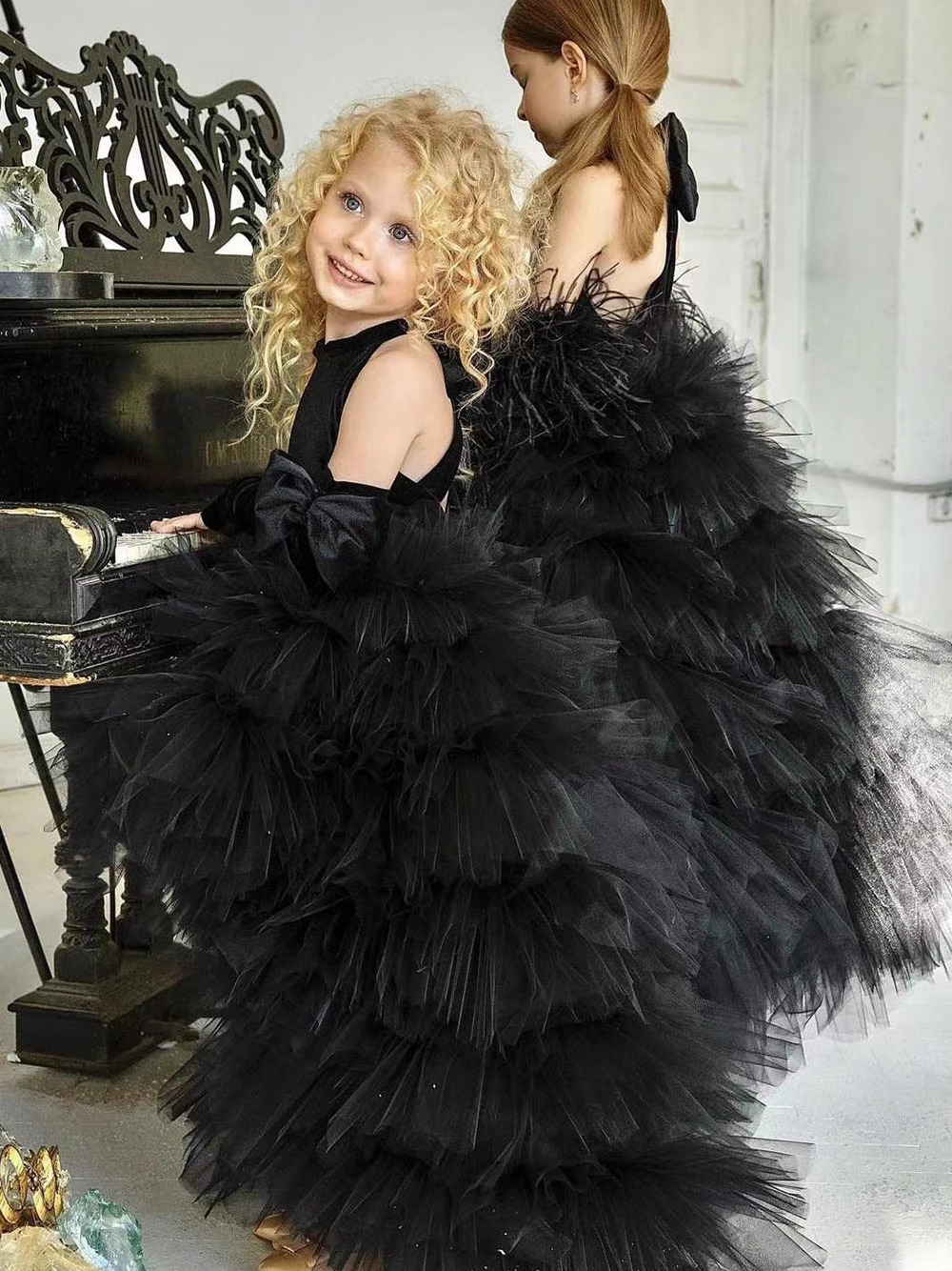 Black Tulle Puffy Flower Girl Dresses For Wedding With Bow Birthday Party Ball Pageant First Communion Dresses for Girls