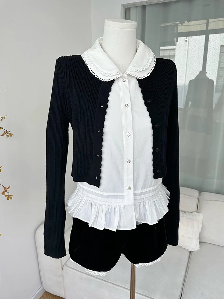 Blaレーストリム刺繍ドールカラーロングスリーブ女性用ファッションセットツーピーススーツ秋2025新作スレエレ