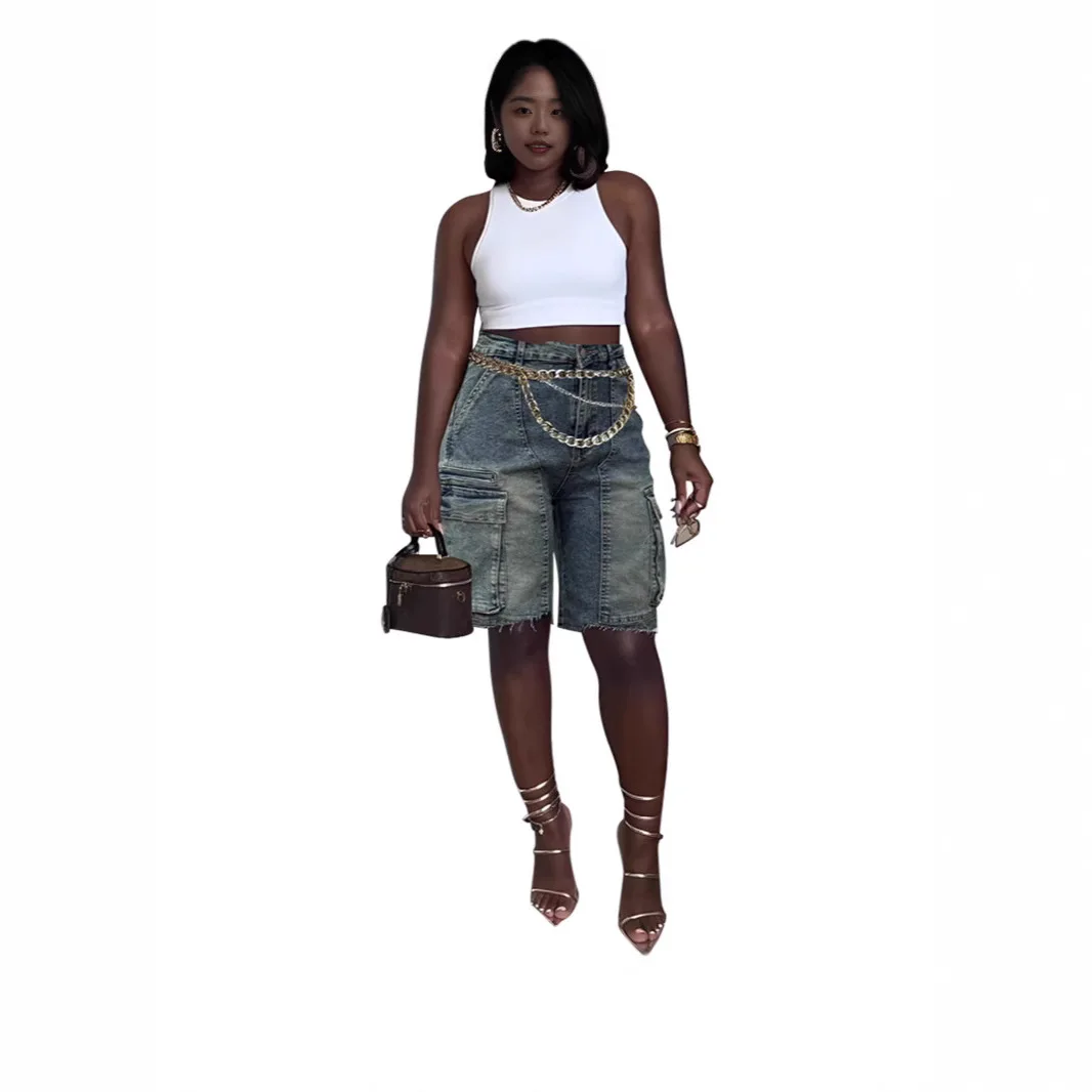 2025 Spring and Summer New Fashion Casual Denim Ripped Straw Wash Work Pocket Jeans Black Jeans