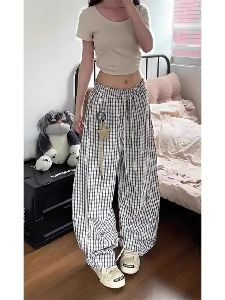 

American Retro Plaid Casual Pants Men Women Summer New Lazy Sle Loose Feeling Wide Leg Pants Low Waist Straight Leg Trousers