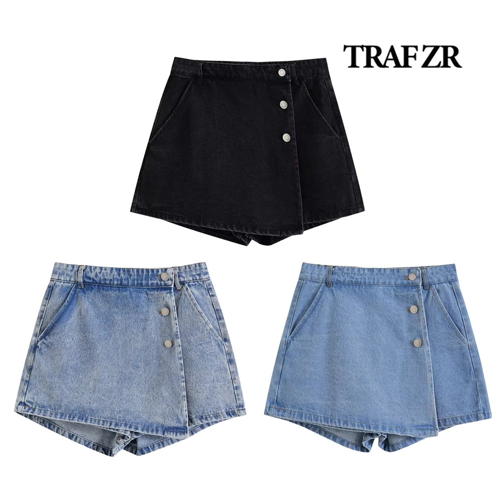 TRAF ZR Denim Shorts with Front Wrap and Buttons Summer Jean Hot Pants Belt Loops Front Button and Zip Closure HighStreet Skorts