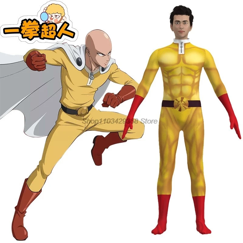 เครื่องแต่งกายคอสเพลย์ one punch man สำหรับผู้ชายเด็ก, ชุดคอสเพลย์อนิเมะไซตามะชุดจั๊มสูทซูเปอร์ฮีโร่ฮาโลวีนชุดพร้อมเสื้อคลุม/เสื้อคลุม