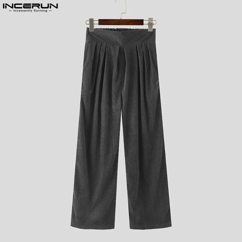 

INCERUN Men Wide Leg Pants Corduroy Solid Color Pleated Casual Male Pants Pockets High Waist Fashion Trousers Men Streetwear